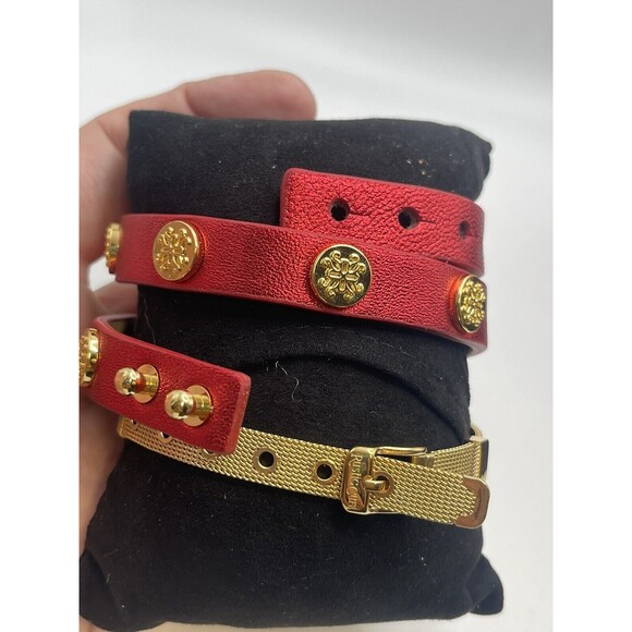 Rustic Cuff Matallic Red Double Wrap Bracelet & Gold Wire Bracelet Set New - Picture 4 of 5